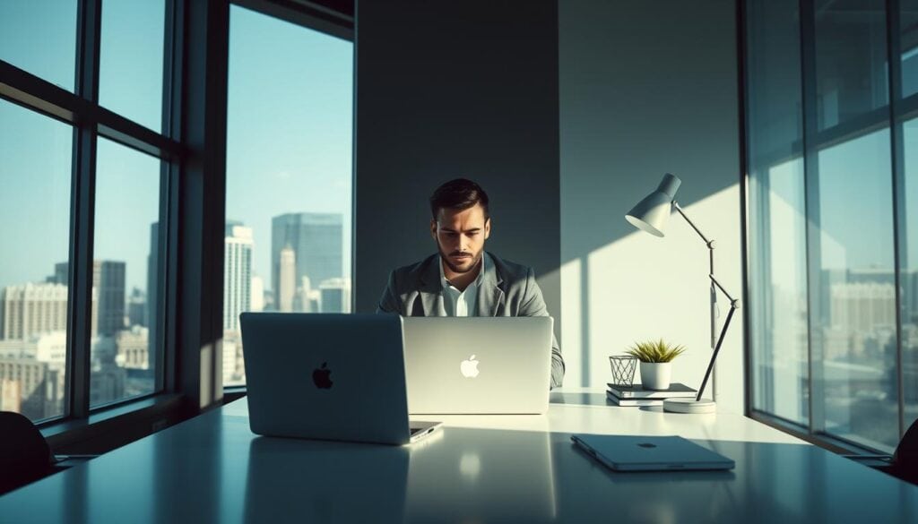 Photorealistic image of a modern, sleek office space with cinematic lighting, showcasing a professional's personal brand positioning. A stylish desk with a laptop, smartphone, and minimalist decor take center stage, framed by large windows overlooking a cityscape. The atmosphere is crisp, sophisticated, and conveys a sense of authority and expertise. The lighting casts dramatic shadows, creating depth and highlighting the subject's personal brand elements. The overall composition is balanced, inviting the viewer to envision themselves in this aspirational workspace, ready to elevate their personal brand. Photorealistic image of a modern, sleek office space with cinematic lighting, showcasing a professional's personal brand positioning. A stylish desk with a laptop, smartphone, and minimalist decor take center stage, framed by large windows overlooking a cityscape. The atmosphere is crisp, sophisticated, and conveys a sense of authority and expertise. The lighting casts dramatic shadows, creating depth and highlighting the subject's personal brand elements. The overall composition is balanced, inviting the viewer to envision themselves in this aspirational workspace, ready to elevate their personal brand.