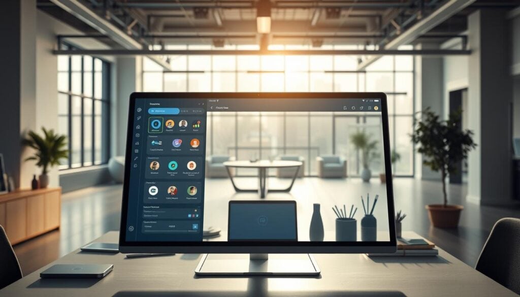 Photorealistic mobile app development platform interface set in a modern, well-lit office space. The foreground features a sleek, edge-to-edge display showcasing a visually stunning user interface with intuitive navigation controls and vibrant iconography. The middle ground presents a minimalist desk setup with a laptop, tablet, and various productivity tools, all bathed in a soft, cinematic lighting. The background captures the open office layout, with floor-to-ceiling windows allowing natural light to pour in, creating a bright and airy atmosphere. The overall scene conveys a sense of efficiency, creativity, and technological sophistication suitable for a leading no-code mobile app development solution. Photorealistic mobile app development platform interface set in a modern, well-lit office space. The foreground features a sleek, edge-to-edge display showcasing a visually stunning user interface with intuitive navigation controls and vibrant iconography. The middle ground presents a minimalist desk setup with a laptop, tablet, and various productivity tools, all bathed in a soft, cinematic lighting. The background captures the open office layout, with floor-to-ceiling windows allowing natural light to pour in, creating a bright and airy atmosphere. The overall scene conveys a sense of efficiency, creativity, and technological sophistication suitable for a leading no-code mobile app development solution.