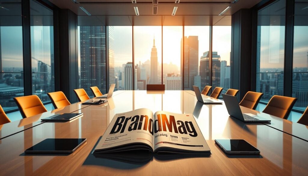 Photorealistic modern office interior with cinematic lighting. A large, sleek workspace with floor-to-ceiling windows overlooking a bustling city skyline. At the center, a branded magazine titled "BrandMag" lies open on a glass-topped conference table, surrounded by laptops, tablets, and other work materials. Warm, directional lighting casts subtle shadows, creating depth and atmosphere. The overall scene conveys a sense of professionalism, productivity, and brand awareness in a dynamic, visually engaging manner. 8k resolution. Photorealistic modern office interior with cinematic lighting. A large, sleek workspace with floor-to-ceiling windows overlooking a bustling city skyline. At the center, a branded magazine titled "BrandMag" lies open on a glass-topped conference table, surrounded by laptops, tablets, and other work materials. Warm, directional lighting casts subtle shadows, creating depth and atmosphere. The overall scene conveys a sense of professionalism, productivity, and brand awareness in a dynamic, visually engaging manner. 8k resolution.