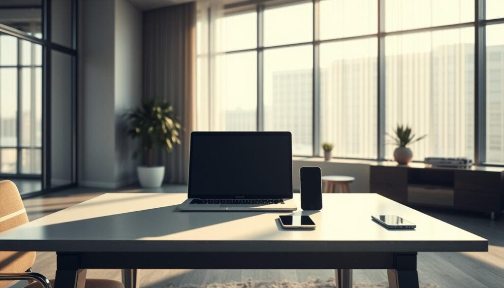 Photorealistic modern office space, flooded with soft, cinematic lighting from large windows. A sleek, minimalist desk takes center stage, with a laptop, tablet, and smartphone neatly arranged, conveying a sense of intuitive user experience and ease of use. The layout is clean and uncluttered, with subtle design elements that enhance productivity and workflow. The overall atmosphere is professional, yet inviting, reflecting the ideal balance of form and function for a thriving digital business. Photorealistic modern office space, flooded with soft, cinematic lighting from large windows. A sleek, minimalist desk takes center stage, with a laptop, tablet, and smartphone neatly arranged, conveying a sense of intuitive user experience and ease of use. The layout is clean and uncluttered, with subtle design elements that enhance productivity and workflow. The overall atmosphere is professional, yet inviting, reflecting the ideal balance of form and function for a thriving digital business.