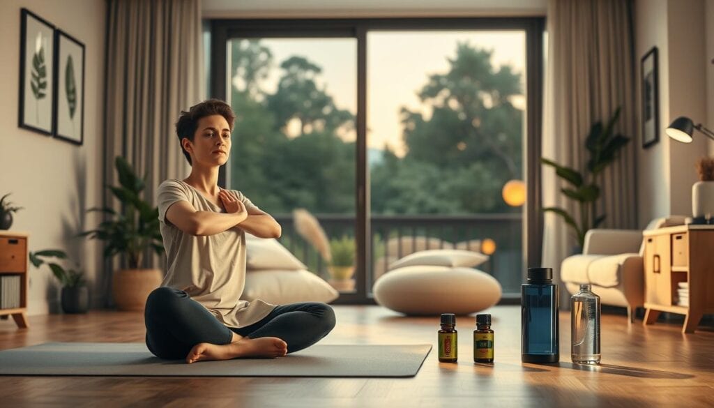 Photorealistic scene of a modern home office with a person engaged in various self-care practices. The foreground features an individual sitting on a yoga mat, performing stretching exercises with a serene expression. The middle ground showcases a meditation cushion, a diffuser with calming essential oils, and a water bottle. In the background, a large window offers a scenic view of a tranquil outdoor setting, bathed in warm, cinematic lighting. The overall atmosphere conveys a sense of balance, relaxation, and holistic well-being. 8k resolution, no text. Photorealistic scene of a modern home office with a person engaged in various self-care practices. The foreground features an individual sitting on a yoga mat, performing stretching exercises with a serene expression. The middle ground showcases a meditation cushion, a diffuser with calming essential oils, and a water bottle. In the background, a large window offers a scenic view of a tranquil outdoor setting, bathed in warm, cinematic lighting. The overall atmosphere conveys a sense of balance, relaxation, and holistic well-being. 8k resolution, no text.