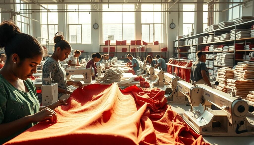 A bright, airy factory floor with rows of sewing machines and workers intently focused on their craft. Sunlight streams in through large windows, casting a warm glow over the scene. In the foreground, a group of textile workers carefully inspect a bolt of vibrant, ethically-sourced fabric. In the middle ground, skilled tailors meticulously stitch together high-quality garments, their nimble fingers guiding the fabric. The background reveals an orderly stockroom filled with neatly folded, ready-to-ship apparel bearing fair trade certification labels. The atmosphere is one of diligence, pride, and a commitment to sustainable, ethical production practices. A bright, airy factory floor with rows of sewing machines and workers intently focused on their craft. Sunlight streams in through large windows, casting a warm glow over the scene. In the foreground, a group of textile workers carefully inspect a bolt of vibrant, ethically-sourced fabric. In the middle ground, skilled tailors meticulously stitch together high-quality garments, their nimble fingers guiding the fabric. The background reveals an orderly stockroom filled with neatly folded, ready-to-ship apparel bearing fair trade certification labels. The atmosphere is one of diligence, pride, and a commitment to sustainable, ethical production practices.