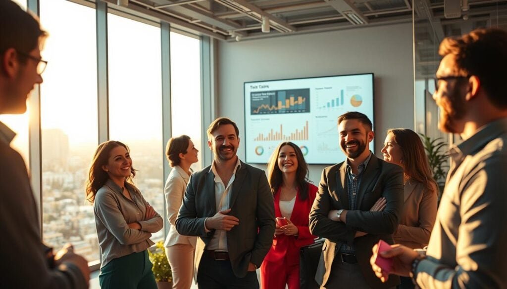 A bright and modern office space filled with the energy of a successful business venture. The foreground features a group of confident professionals engaged in an animated discussion, their expressions reflecting the excitement of market validation and the promise of investor attraction. Soft, cinematic lighting casts warm shadows and highlights the sleek, minimalist decor - clean lines, glass walls, and vibrant splashes of color. In the middle ground, a large presentation screen displays data visualizations and charts, signifying the rigorous analysis and planning behind this lean product. The background fades into a serene, out-of-focus cityscape, hinting at the broader market and the scale of opportunity. Photorealistic, 8k resolution, no text.