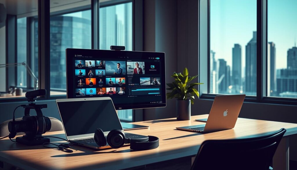 A bright, modern office setting with a large window overlooking a bustling city skyline. On the desk, various video editing software icons are displayed on a sleek, high-resolution monitor. Nearby, a stylish laptop and a professional-grade camera sit alongside a pair of studio-quality headphones, creating a cohesive workspace for a creative professional. The lighting is soft and directional, casting dramatic shadows and highlights across the scene, lending it a cinematic quality. The overall atmosphere is one of productivity, innovation, and the exploration of the best free video editing software options for beginners. A bright, modern office setting with a large window overlooking a bustling city skyline. On the desk, various video editing software icons are displayed on a sleek, high-resolution monitor. Nearby, a stylish laptop and a professional-grade camera sit alongside a pair of studio-quality headphones, creating a cohesive workspace for a creative professional. The lighting is soft and directional, casting dramatic shadows and highlights across the scene, lending it a cinematic quality. The overall atmosphere is one of productivity, innovation, and the exploration of the best free video editing software options for beginners.