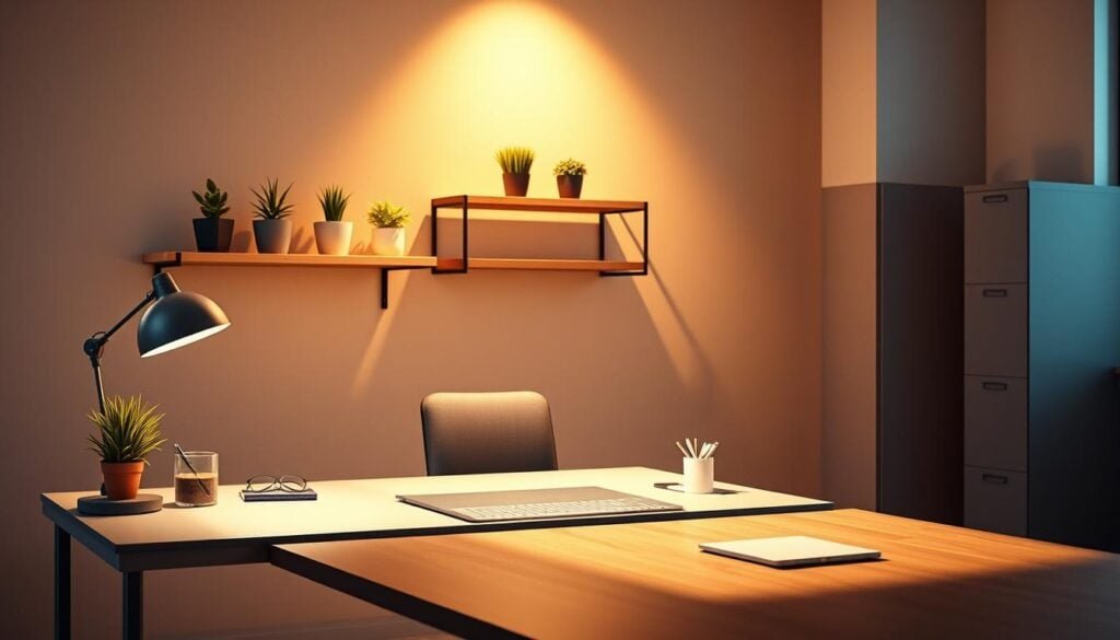 A bright, modern office space with sleek, minimalist desk accessories and storage solutions. A well-organized workspace with a metal and wood desk, a floating shelf displaying a few potted plants, and a vertical file cabinet in the background. The lighting is warm and directional, creating dramatic shadows and highlights that accentuate the clean, contemporary design. The overall atmosphere is professional, productive, and visually appealing, reflecting the concept of "smart storage solutions" to maximize desk space and declutter the mind.
