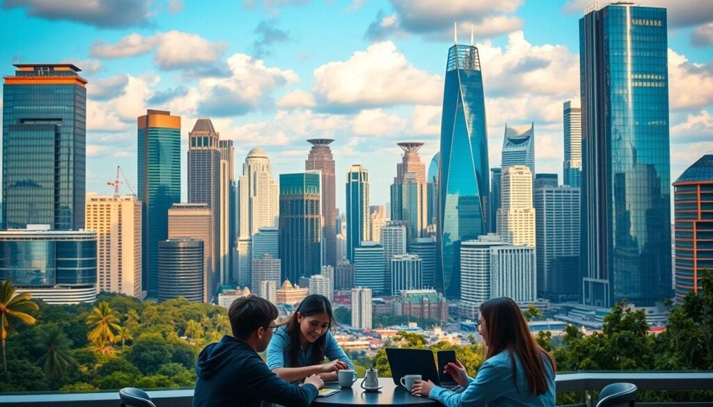 A bustling cityscape of modern high-rises and sleek skyscrapers, set against a backdrop of lush greenery and vibrant blue skies. In the foreground, a group of young professionals engage in a collaborative meeting, their laptops and coffee mugs suggesting a dynamic, connected workspace. Cinematic lighting casts warm, golden hues, creating an atmosphere of productivity and innovation. In the middle ground, diverse coworking spaces and remote-friendly cafes dot the urban landscape, catering to the needs of a global, mobile workforce. The image conveys a sense of the future of work, where location is no longer a limitation, and professionals can thrive in inspiring, diverse environments worldwide. A bustling cityscape of modern high-rises and sleek skyscrapers, set against a backdrop of lush greenery and vibrant blue skies. In the foreground, a group of young professionals engage in a collaborative meeting, their laptops and coffee mugs suggesting a dynamic, connected workspace. Cinematic lighting casts warm, golden hues, creating an atmosphere of productivity and innovation. In the middle ground, diverse coworking spaces and remote-friendly cafes dot the urban landscape, catering to the needs of a global, mobile workforce. The image conveys a sense of the future of work, where location is no longer a limitation, and professionals can thrive in inspiring, diverse environments worldwide.