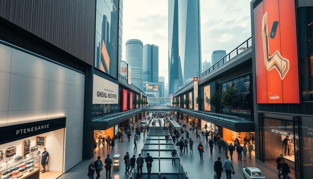 A bustling modern marketplace, filled with sleek retail spaces and dynamic consumer interactions. In the foreground, a series of minimalist storefronts showcase the latest products, bathed in warm, cinematic lighting. The middle ground features a network of walkways and lively crowds, capturing the energy and vitality of a thriving urban center. In the background, towering glass-and-steel structures rise, reflecting the cutting-edge architecture that defines this vision of the consumer retail landscape. An 8K photorealistic scene, capturing the essence of shaping the future of modern marketplaces.