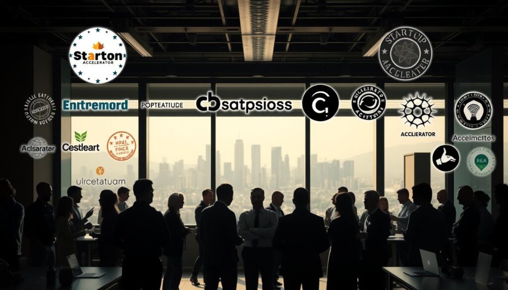 A bustling modern office backdrop, bathed in cinematic lighting that casts dramatic shadows. In the foreground, various startup accelerator program logos and emblems are prominently displayed, their designs crisp and detailed. The middle ground showcases silhouettes of entrepreneurs, investors, and mentors in animated discussion, the energy of collaboration palpable. In the distance, a skyline of towering skyscrapers hints at the global scale of the accelerator ecosystem. The overall composition conveys a sense of opportunity, innovation, and the collective drive to propel startups forward. Photorealistic, 8k resolution. A bustling modern office backdrop, bathed in cinematic lighting that casts dramatic shadows. In the foreground, various startup accelerator program logos and emblems are prominently displayed, their designs crisp and detailed. The middle ground showcases silhouettes of entrepreneurs, investors, and mentors in animated discussion, the energy of collaboration palpable. In the distance, a skyline of towering skyscrapers hints at the global scale of the accelerator ecosystem. The overall composition conveys a sense of opportunity, innovation, and the collective drive to propel startups forward. Photorealistic, 8k resolution.