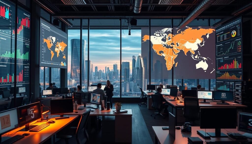 A bustling modern office filled with sleek workstations, vibrant charts, and regional app development cost data visualizations projected onto the walls. Cinematic lighting casts warm hues and dramatic shadows, creating a dynamic, data-driven atmosphere. Towering skyscrapers and cityscapes visible through the large windows, reflecting the global nature of the industry. The scene conveys the complexity and nuances of how location affects the cost of building an app, a crucial consideration for businesses in 2025. A bustling modern office filled with sleek workstations, vibrant charts, and regional app development cost data visualizations projected onto the walls. Cinematic lighting casts warm hues and dramatic shadows, creating a dynamic, data-driven atmosphere. Towering skyscrapers and cityscapes visible through the large windows, reflecting the global nature of the industry. The scene conveys the complexity and nuances of how location affects the cost of building an app, a crucial consideration for businesses in 2025.