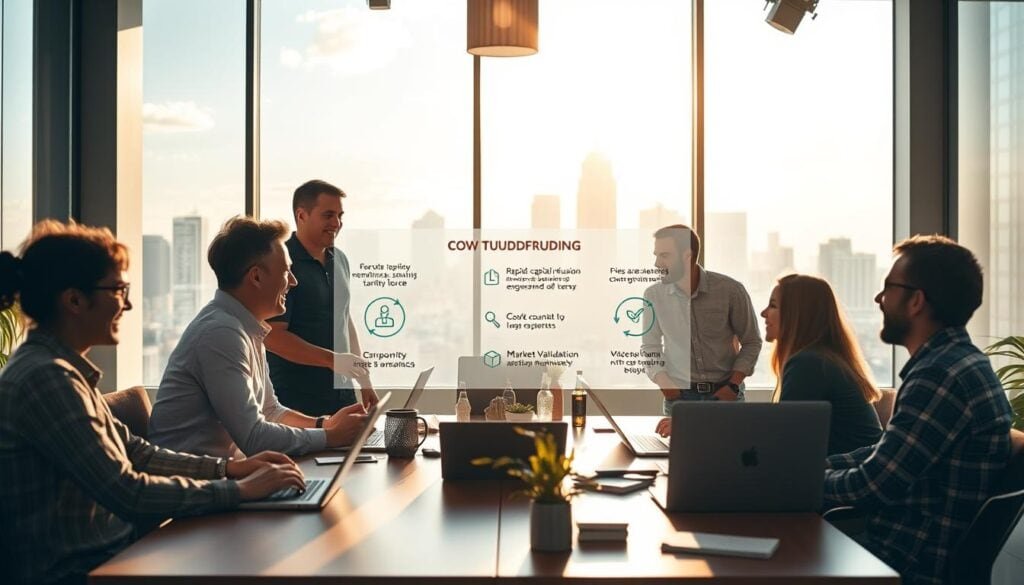A bustling modern office, sunlight streaming through floor-to-ceiling windows, casting a warm glow across a team of startup founders engaged in animated discussion around a central table. The atmosphere is charged with energy and optimism, as they explore the benefits of crowdfunding for their burgeoning enterprise. In the foreground, sleek laptops and wireless devices hint at their tech-savvy approach. The middle ground showcases a vibrant visual presentation, outlining key advantages such as rapid capital infusion, community engagement, and market validation. In the background, a city skyline provides a dynamic, cinematic backdrop, underscoring the transformative potential of their venture. Crisp 8K resolution captures every nuance of this photorealistic scene, conveying the promise of crowdsourcing for ambitious startups. A bustling modern office, sunlight streaming through floor-to-ceiling windows, casting a warm glow across a team of startup founders engaged in animated discussion around a central table. The atmosphere is charged with energy and optimism, as they explore the benefits of crowdfunding for their burgeoning enterprise. In the foreground, sleek laptops and wireless devices hint at their tech-savvy approach. The middle ground showcases a vibrant visual presentation, outlining key advantages such as rapid capital infusion, community engagement, and market validation. In the background, a city skyline provides a dynamic, cinematic backdrop, underscoring the transformative potential of their venture. Crisp 8K resolution captures every nuance of this photorealistic scene, conveying the promise of crowdsourcing for ambitious startups.