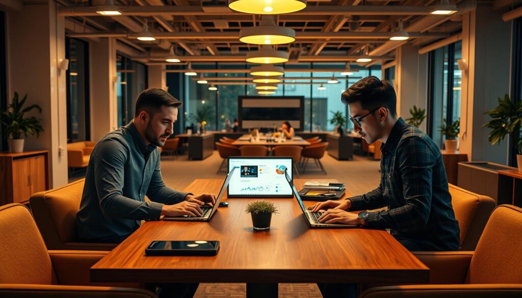 A bustling open-concept office space with sleek, modern furnishings. Three professionals - a social media manager, an email marketing specialist, and a growth hacker - strategize at a central meeting table under warm, cinematic lighting. Laptop screens display analytics, audience engagement metrics, and social media content calendars. The team's faces are determined, reflecting the gravity of their mission to leverage digital channels and grow the brand's online presence. The atmosphere is focused, yet energetic, capturing the dynamic nature of modern audience building. This cinematic, photorealistic scene conveys the collaborative, data-driven approach to social media and email marketing that fuels audience growth in the digital age. A bustling open-concept office space with sleek, modern furnishings. Three professionals - a social media manager, an email marketing specialist, and a growth hacker - strategize at a central meeting table under warm, cinematic lighting. Laptop screens display analytics, audience engagement metrics, and social media content calendars. The team's faces are determined, reflecting the gravity of their mission to leverage digital channels and grow the brand's online presence. The atmosphere is focused, yet energetic, capturing the dynamic nature of modern audience building. This cinematic, photorealistic scene conveys the collaborative, data-driven approach to social media and email marketing that fuels audience growth in the digital age.