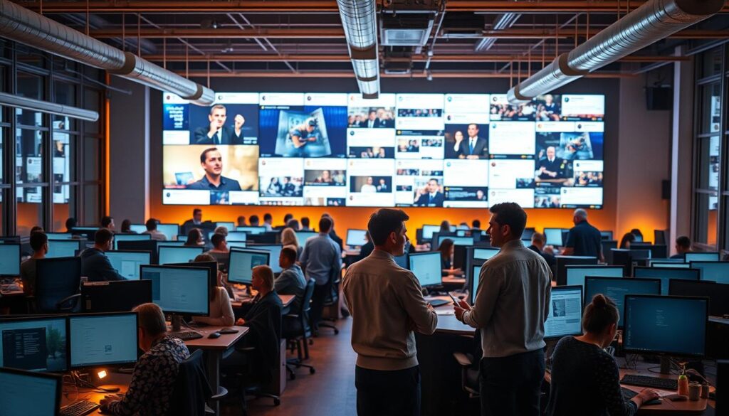 A bustling open-plan office, bathed in warm, cinematic lighting. Rows of desks and screens, bustling with activity as teams collaborate on social media content. In the foreground, a group of colleagues animatedly discussing analytics, strategy, and audience engagement metrics. In the background, a large video wall displays real-time social media feeds, showcasing the ebb and flow of online interactions. The scene exudes a sense of energy, creativity, and the ever-evolving nature of digital journalism in a fragmented media landscape. A bustling open-plan office, bathed in warm, cinematic lighting. Rows of desks and screens, bustling with activity as teams collaborate on social media content. In the foreground, a group of colleagues animatedly discussing analytics, strategy, and audience engagement metrics. In the background, a large video wall displays real-time social media feeds, showcasing the ebb and flow of online interactions. The scene exudes a sense of energy, creativity, and the ever-evolving nature of digital journalism in a fragmented media landscape.