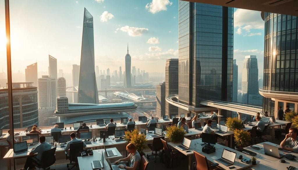 A bustling urban landscape with towering skyscrapers, sleek modern architecture, and a vibrant atmosphere. In the foreground, a shared workspace with groups of remote workers collaborating at ergonomic desks, laptops open and screens glowing. Filtered sunlight streams in through expansive windows, casting a warm, cinematic glow. The middle ground features a network of elevated walkways and skyways, connecting the various office buildings. In the background, a futuristic city skyline extends as far as the eye can see, with a mix of traditional and cutting-edge structures. The overall scene conveys a sense of dynamic connectivity, productivity, and technological innovation - the quintessential setting for the modern remote workforce. A bustling urban landscape with towering skyscrapers, sleek modern architecture, and a vibrant atmosphere. In the foreground, a shared workspace with groups of remote workers collaborating at ergonomic desks, laptops open and screens glowing. Filtered sunlight streams in through expansive windows, casting a warm, cinematic glow. The middle ground features a network of elevated walkways and skyways, connecting the various office buildings. In the background, a futuristic city skyline extends as far as the eye can see, with a mix of traditional and cutting-edge structures. The overall scene conveys a sense of dynamic connectivity, productivity, and technological innovation - the quintessential setting for the modern remote workforce.