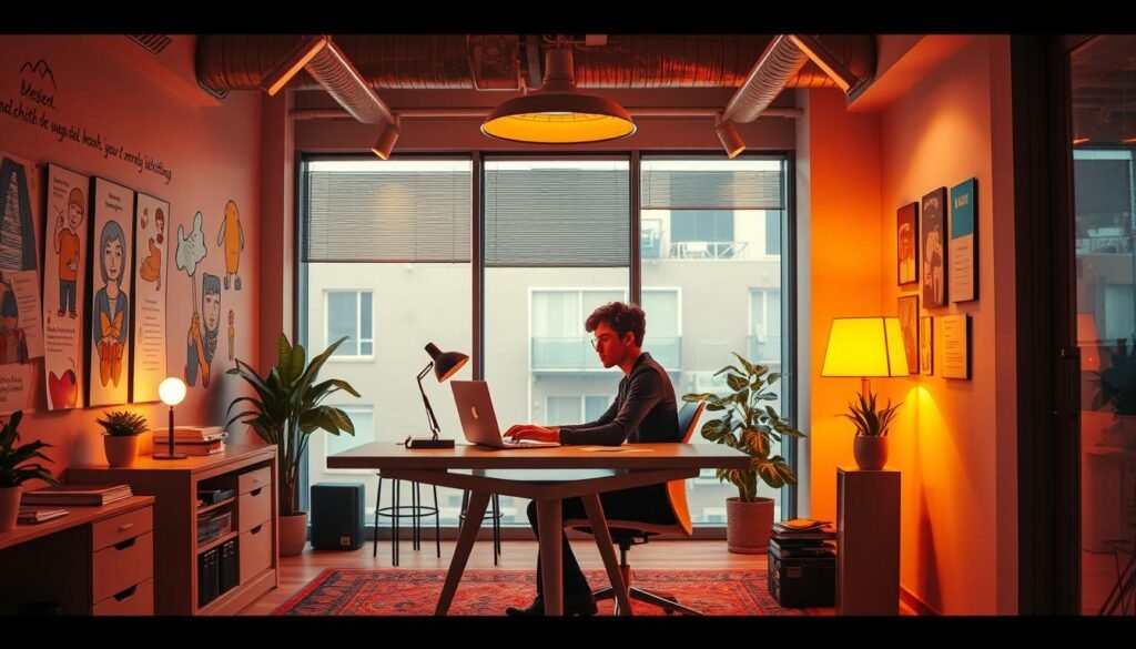 A chic, modern office space flooded with warm, cinematic lighting. In the center, a young professional sits at a sleek desk, engrossed in crafting engaging, humorous content for the BrandMag audience. Vibrant illustrations and playful graphics adorn the walls, creating an atmosphere of creativity and authentic storytelling. The scene exudes a sense of inspiration and connection, perfectly capturing the essence of innovative content strategies designed to captivate Gen Z.