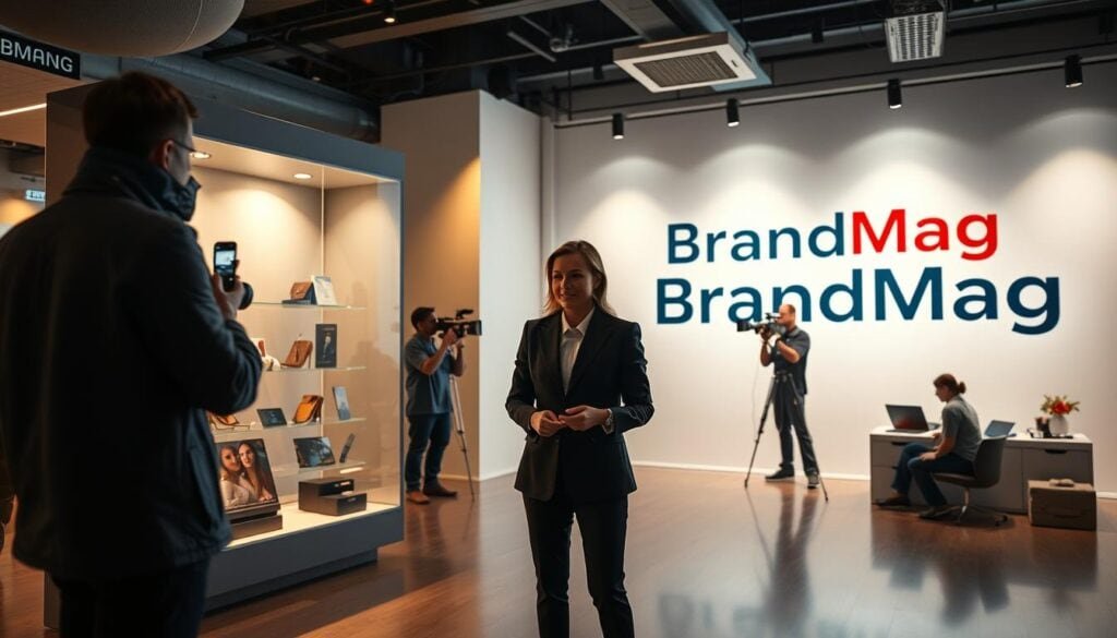 A cinematic, photorealistic scene of a modern office live shopping video content production. In the foreground, a presenter in business attire stands in front of a sleek glass display showcasing various products, lit by warm, cinematic lighting. In the middle ground, a small production crew operates cameras and equipment, capturing the live video feed. The background features the BrandMag logo prominently displayed on a large, minimalist wall, suggesting this is a professional, high-quality live shopping experience. The overall atmosphere is one of sophistication, technology, and the future of social commerce. A cinematic, photorealistic scene of a modern office live shopping video content production. In the foreground, a presenter in business attire stands in front of a sleek glass display showcasing various products, lit by warm, cinematic lighting. In the middle ground, a small production crew operates cameras and equipment, capturing the live video feed. The background features the BrandMag logo prominently displayed on a large, minimalist wall, suggesting this is a professional, high-quality live shopping experience. The overall atmosphere is one of sophistication, technology, and the future of social commerce.