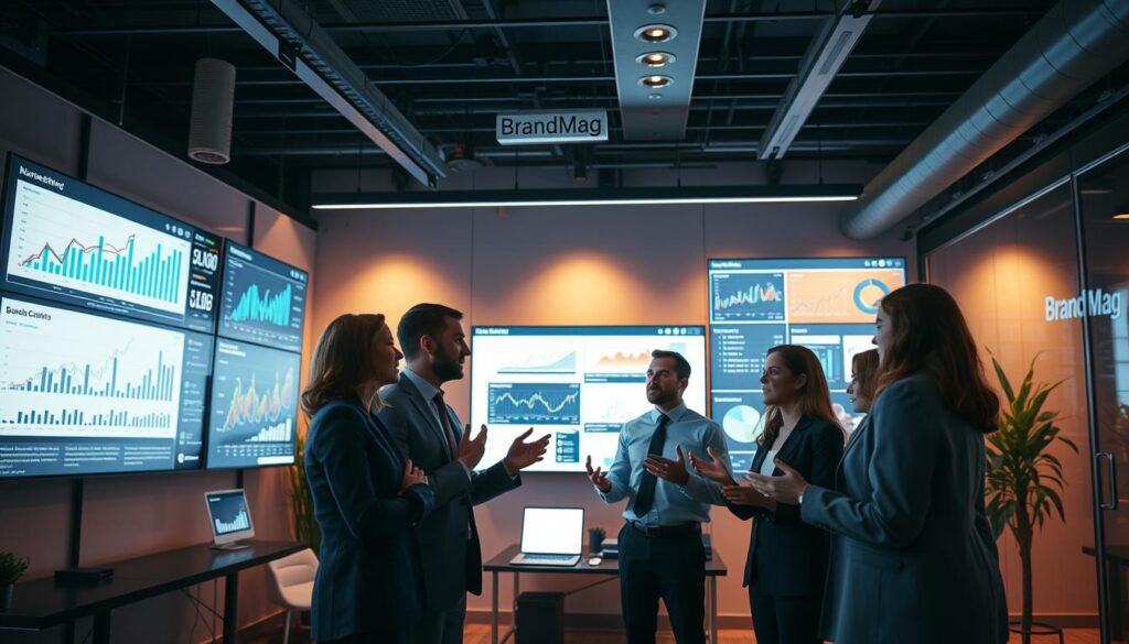 A cinematic, photorealistic scene of a modern, sleek office space. The foreground features a group of professionals in business attire engaged in a lively conversation, gesturing animatedly as they discuss marketing strategies. The middle ground showcases various digital screens displaying graphs, charts, and market data, hinting at the data-driven nature of their work. In the background, the office is bathed in warm, cinematic lighting, creating a sense of professionalism and productivity. The BrandMag logo is subtly visible on the wall, indicating this is a real-world case study featured in the publication. A cinematic, photorealistic scene of a modern, sleek office space. The foreground features a group of professionals in business attire engaged in a lively conversation, gesturing animatedly as they discuss marketing strategies. The middle ground showcases various digital screens displaying graphs, charts, and market data, hinting at the data-driven nature of their work. In the background, the office is bathed in warm, cinematic lighting, creating a sense of professionalism and productivity. The BrandMag logo is subtly visible on the wall, indicating this is a real-world case study featured in the publication.