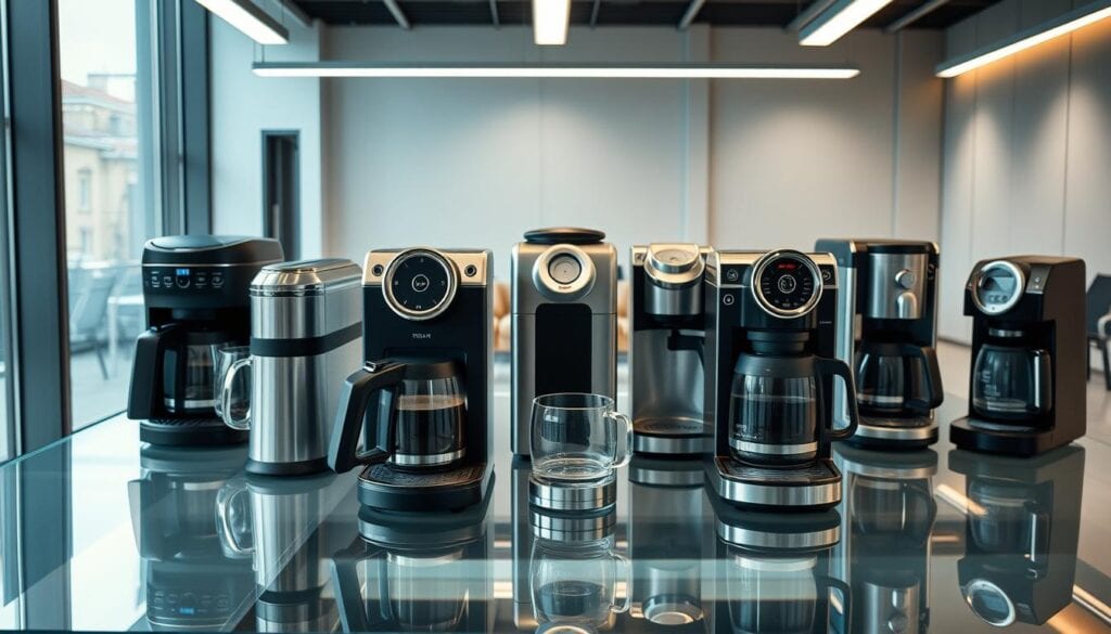 A comprehensive comparative analysis of leading coffee makers, showcasing their distinct features and design elements in a modern office setting. A sleek, minimalist arrangement of various machines, including drip, espresso, and single-serve models, positioned on a glass-topped table with a focus on clean lines and metallic accents. Soft, directional lighting creates a professional, cinematic atmosphere, highlighting the intricate details and textures of the coffee makers. The scene is captured with a high-resolution, wide-angle lens to provide a detailed, immersive view, allowing the viewer to fully appreciate the subtle differences between the models.