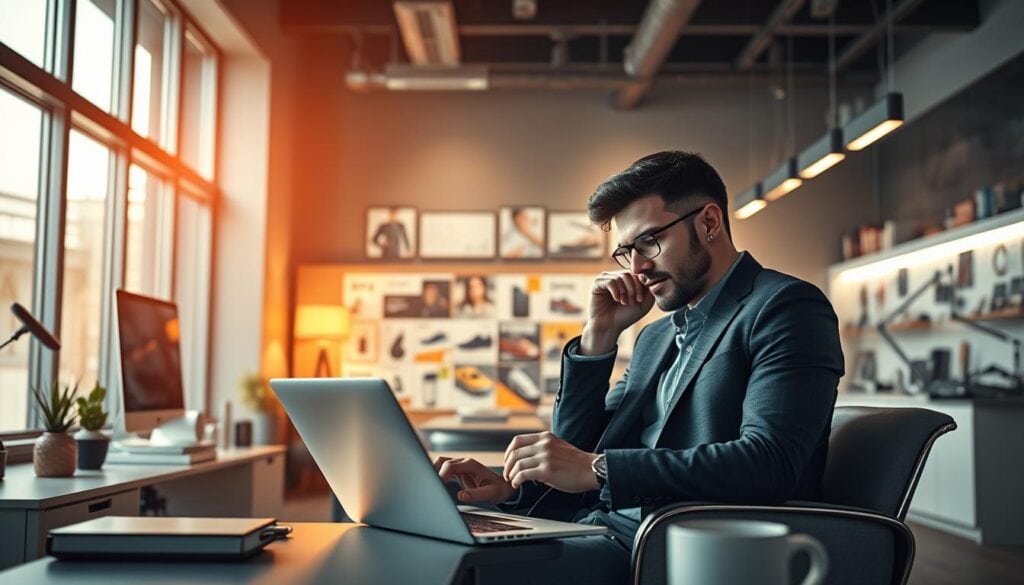A contemporary, photorealistic office setting showcasing a successful e-commerce business niche. In the foreground, a professional entrepreneur contemplates their laptop, surrounded by sleek, minimalist furnishings and devices. The middle ground features an array of trending product categories, hinting at the profitable specialization. The background is illuminated by dramatic, cinematic lighting, creating an atmosphere of innovation and opportunity. The overall scene conveys a sense of focus, determination, and the potential for growth within a thriving e-commerce niche.