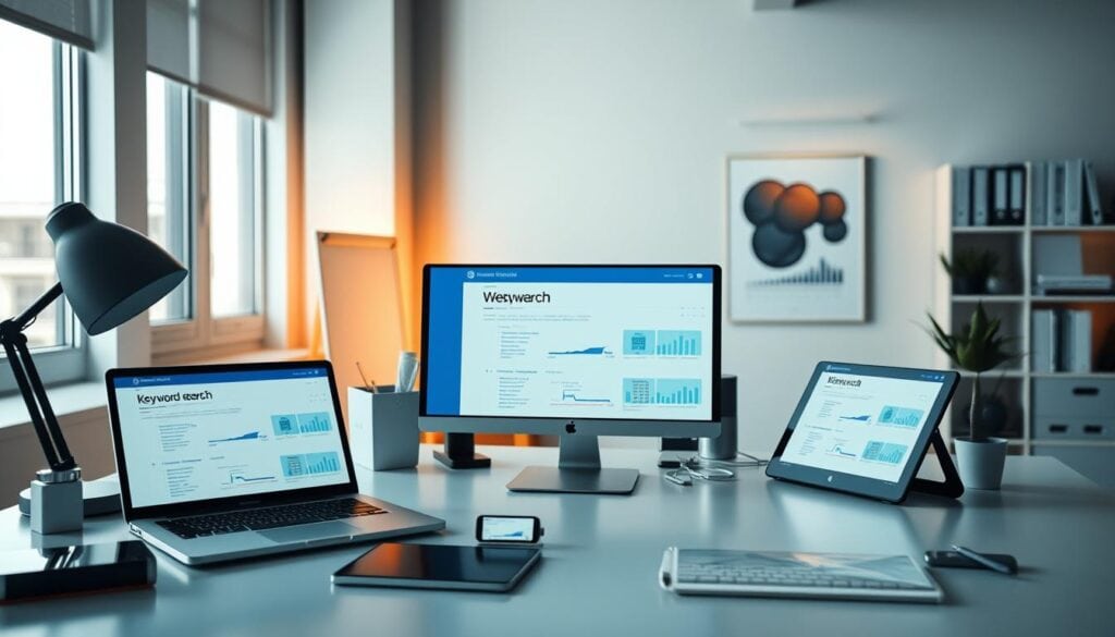 A contemporary, well-lit office space, with a sleek, minimalist desk setup featuring various keyword research tools. Sophisticated laptop, mobile device, and digital tablet displayed, surrounded by clutter-free workspace. Warm, cinematic lighting casts a professional atmosphere, complemented by a muted color palette of grays and blues. The scene conveys a sense of productivity and strategic planning, ideal for an article on untapped ecommerce opportunities.