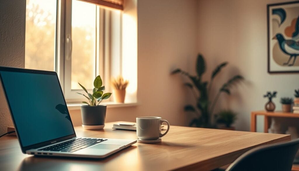 A cozy and organized home office, with a minimalist desk displaying a few essential items - a laptop, a plant, and a clean cup of coffee. Warm, natural lighting filters through a nearby window, casting a soft glow on the scene. The background features clean, uncluttered walls, accented by a modern, abstract artwork. The overall atmosphere conveys a sense of focus, productivity, and calm, inviting the viewer to imagine a well-curated workspace that promotes mindfulness and efficiency.