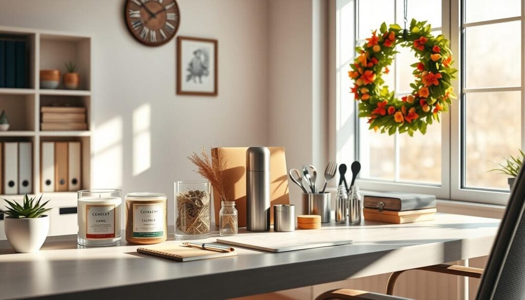 A cozy home office in a sunlit, minimalist space. On the desk, an array of niche seasonal products: a handcrafted holiday candle, a sleek winter thermos, a stylish gardening set, and a vibrant floral wreath. Warm, cinematic lighting casts soft shadows, highlighting the textures and details of the curated assortment. The scene conveys a sense of productivity, creativity, and an eye for timely, specialized offerings. A 8K photorealistic rendering captures the inviting atmosphere of this modern, professional workspace. A cozy home office in a sunlit, minimalist space. On the desk, an array of niche seasonal products: a handcrafted holiday candle, a sleek winter thermos, a stylish gardening set, and a vibrant floral wreath. Warm, cinematic lighting casts soft shadows, highlighting the textures and details of the curated assortment. The scene conveys a sense of productivity, creativity, and an eye for timely, specialized offerings. A 8K photorealistic rendering captures the inviting atmosphere of this modern, professional workspace.