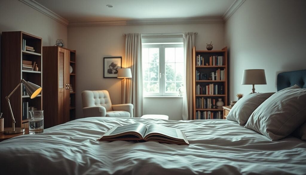 A cozy, well-lit bedroom with a comfortable-looking bed in the foreground. On the bedside table, a reading lamp, a glass of water, and a book. In the middle ground, a plush armchair and a bookshelf filled with books. The walls are painted in a soothing, neutral color, and the window in the background allows natural light to filter in, creating a warm and inviting atmosphere. The overall scene conveys a sense of relaxation and a consistent, calming bedtime routine. Photorealistic, modern, cinematic lighting, 8k.