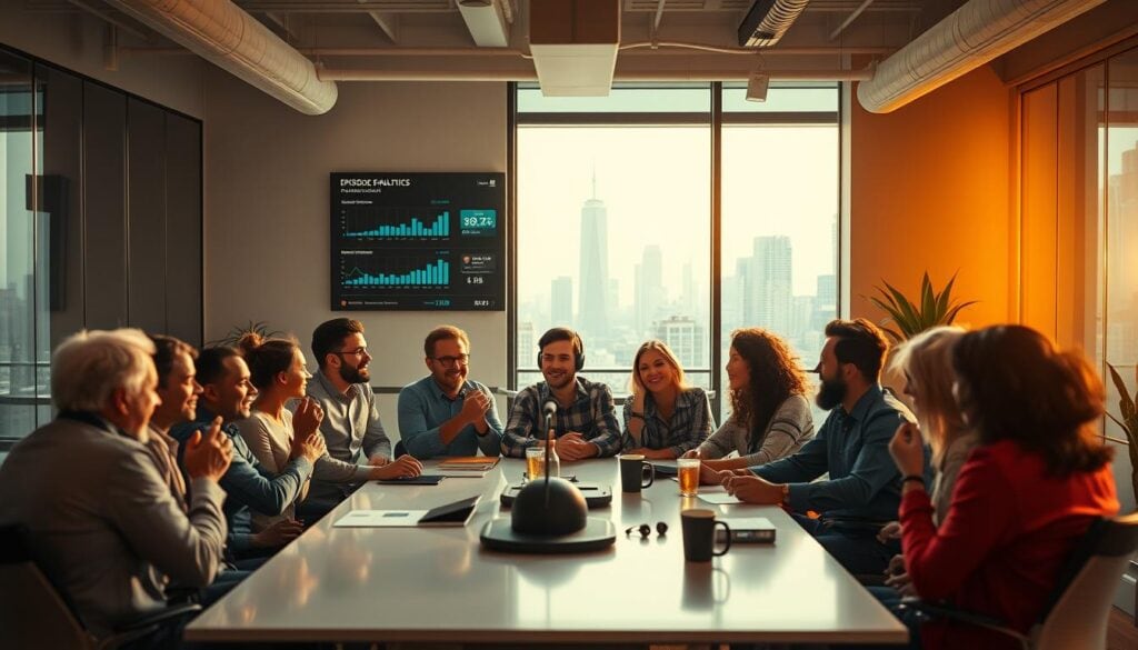 A dynamic and engaged podcast community gathers in a modern, open-plan office space. The scene is bathed in warm, cinematic lighting that casts a soft, inviting glow. In the foreground, a diverse group of listeners sit around a sleek conference table, gesturing enthusiastically as they discuss the latest episode. The middle ground features a wall-mounted display showcasing episode analytics and audience metrics, reflecting the community's active participation. In the background, a large window offers a view of a bustling urban skyline, symbolizing the global reach and connection of the podcast. The overall atmosphere conveys a sense of energy, collaboration, and a shared passion for the content. A dynamic and engaged podcast community gathers in a modern, open-plan office space. The scene is bathed in warm, cinematic lighting that casts a soft, inviting glow. In the foreground, a diverse group of listeners sit around a sleek conference table, gesturing enthusiastically as they discuss the latest episode. The middle ground features a wall-mounted display showcasing episode analytics and audience metrics, reflecting the community's active participation. In the background, a large window offers a view of a bustling urban skyline, symbolizing the global reach and connection of the podcast. The overall atmosphere conveys a sense of energy, collaboration, and a shared passion for the content.