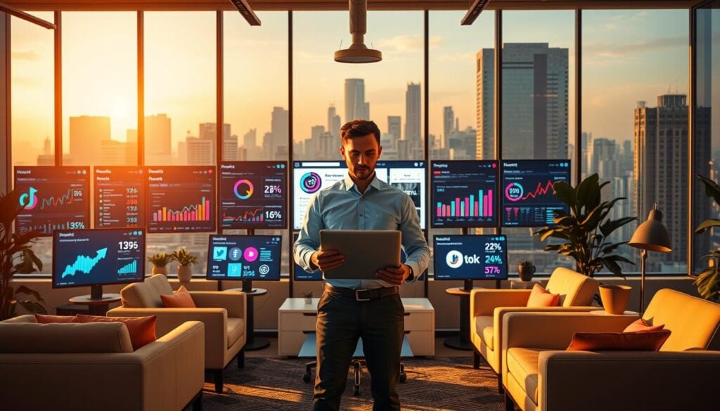 A dynamic and visually striking image of "content strategy reach engagement" for the article "Instagram Reels vs TikTok: Which is Better for Business in 2025?". The scene depicts the BrandMag office, filled with modern furnishings and sleek technology. In the foreground, a professional content strategist stands, laptop in hand, surrounded by vibrant visual analytics displayed on multiple screens. The middle ground showcases various social media platforms, each with an array of engagement metrics and reach statistics. The background features a cinematic cityscape, bathed in warm, directional lighting that casts a productive, yet aspirational atmosphere. Photorealistic in quality, the image conveys a sense of strategic focus, data-driven decision making, and a commitment to maximizing content impact across platforms.