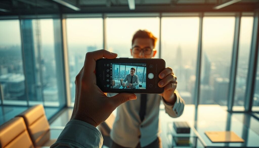 A dynamic, tech-savvy journalist capturing a news story on their smartphone, their face illuminated by the glow of the screen in a modern, minimalist office setting. Cinematic lighting casts dramatic shadows, creating a sense of urgency and immediacy. The smartphone's camera lens dominates the foreground, while the journalist's hands and the office's sleek, glass-and-steel furnishings occupy the middle ground. In the background, a vast window offers a glimpse of the bustling cityscape beyond, underscoring the global reach and real-time nature of mobile journalism. Photorealistic, 8K resolution.