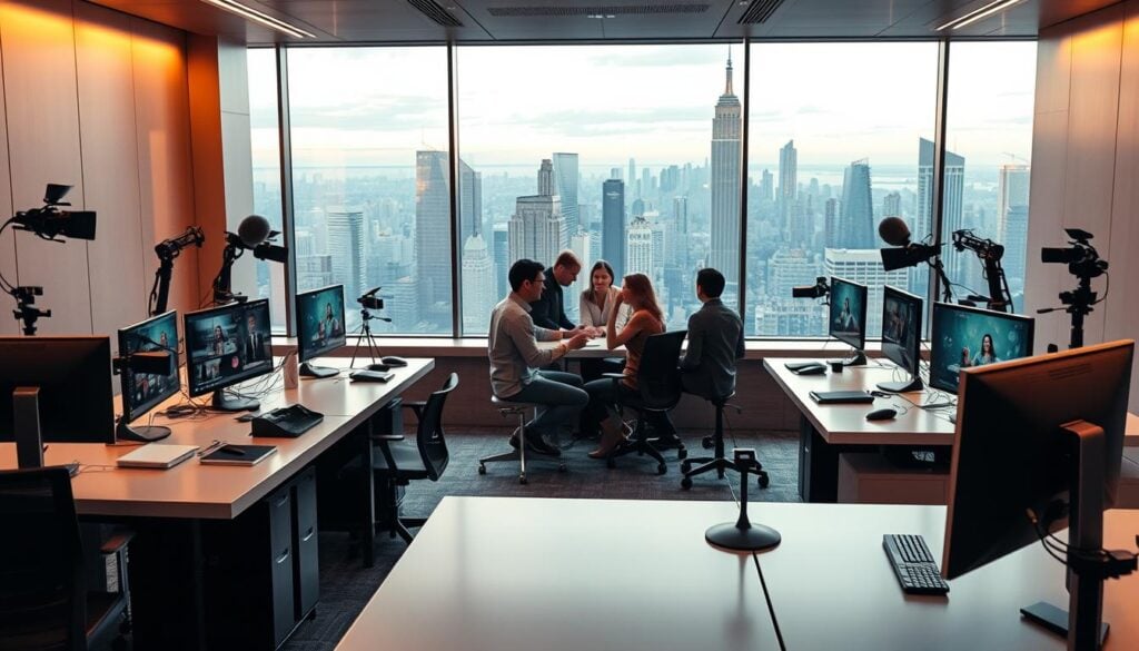 A futuristic office space, bathed in warm cinematic lighting, showcases the latest trends in live streaming technology. Sleek, minimalist desks are adorned with cutting-edge cameras, microphones, and high-resolution displays. In the foreground, a presenter gestures animatedly, demonstrating the seamless integration of AI-powered tools that enhance audience engagement and content creation. The middle ground features a team of content creators collaborating, their faces illuminated by the glow of multiple live streams. In the background, a large window offers a panoramic view of a bustling city skyline, hinting at the global reach and scale of the live streaming industry in 2025. This photorealistic scene captures the dynamic, innovative, and rapidly evolving nature of the live streaming landscape.