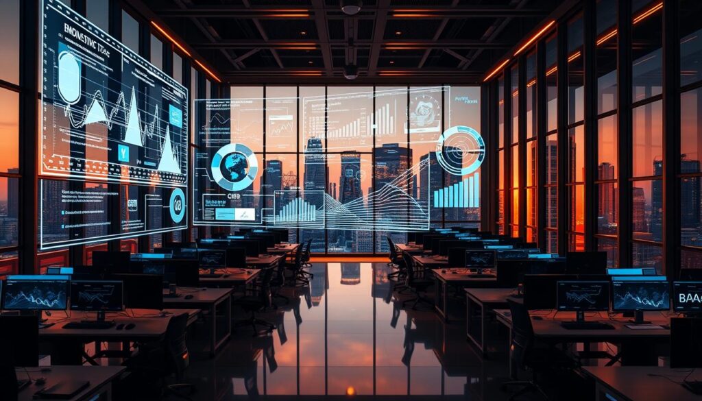 A futuristic office space with floor-to-ceiling windows, showcasing the latest programmatic advertising trends. The room is bathed in warm, cinematic lighting, creating a sleek and modern atmosphere. In the foreground, a large holographic display dominates the space, showcasing real-time data and insights from the BrandMag platform. Intricate graphs and visualizations dance across the screen, reflecting the ever-evolving nature of the programmatic landscape. The middle ground features rows of desks, each with a state-of-the-art computer setup, where teams of analysts and strategists collaborate to optimize campaigns. In the background, the cityscape beyond the windows hints at the global reach of programmatic advertising, connecting businesses with their target audiences worldwide. The overall scene conveys a sense of innovation, efficiency, and the cutting edge of the industry. A futuristic office space with floor-to-ceiling windows, showcasing the latest programmatic advertising trends. The room is bathed in warm, cinematic lighting, creating a sleek and modern atmosphere. In the foreground, a large holographic display dominates the space, showcasing real-time data and insights from the BrandMag platform. Intricate graphs and visualizations dance across the screen, reflecting the ever-evolving nature of the programmatic landscape. The middle ground features rows of desks, each with a state-of-the-art computer setup, where teams of analysts and strategists collaborate to optimize campaigns. In the background, the cityscape beyond the windows hints at the global reach of programmatic advertising, connecting businesses with their target audiences worldwide. The overall scene conveys a sense of innovation, efficiency, and the cutting edge of the industry.