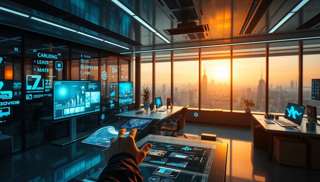 A futuristic office space with sleek, minimalist design elements. The room is filled with an array of innovative graphic design tools and software displayed on advanced holographic displays. The lighting is dramatic and cinematic, casting long shadows and creating an atmospheric, high-tech ambiance. In the foreground, a designer manipulates fluid, dynamic graphics on a touchscreen interface, showcasing the seamless integration of cutting-edge technology and creative expression. The background features a panoramic city skyline, hinting at the global scale and interconnectedness of the graphic design industry. This image captures the essence of the future trends in graphic design and social media innovation. A futuristic office space with sleek, minimalist design elements. The room is filled with an array of innovative graphic design tools and software displayed on advanced holographic displays. The lighting is dramatic and cinematic, casting long shadows and creating an atmospheric, high-tech ambiance. In the foreground, a designer manipulates fluid, dynamic graphics on a touchscreen interface, showcasing the seamless integration of cutting-edge technology and creative expression. The background features a panoramic city skyline, hinting at the global scale and interconnectedness of the graphic design industry. This image captures the essence of the future trends in graphic design and social media innovation.