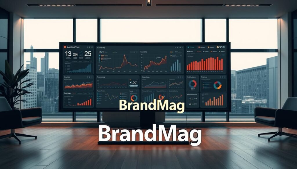 A highly detailed, photorealistic visualization of a continuous SEO monitoring dashboard within a modern, sophisticated office space. The sleek, minimalist dashboard features an array of interactive graphs, charts, and analytics panels, meticulously crafted to provide a comprehensive overview of SEO performance. Warm, cinematic lighting casts a refined ambiance, while the branded "BrandMag" logo stands prominently in the foreground. Seamlessly blending form and function, this dashboard embodies the perfect balance of data-driven insights and aesthetic elegance.