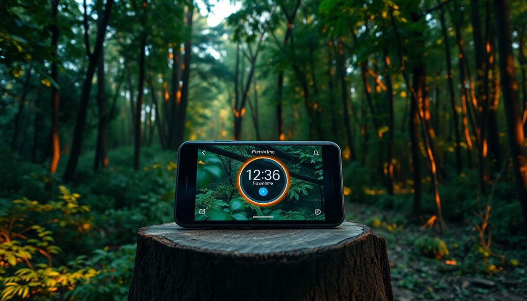 A lush, verdant forest with a winding path leading through the undergrowth. In the foreground, a sleek, modern mobile device rests on a wooden stump, its screen displaying a gamified Pomodoro timer app. The app's interface is elegant and intuitive, with a focus timer counting down against a backdrop of swaying trees and birdsong. Warm, cinematic lighting filters through the canopy, casting a soft, golden glow on the scene. The overall atmosphere is one of tranquility and focus, inviting the user to immerse themselves in the productivity-boosting experience. Photorealistic, 8K resolution. A lush, verdant forest with a winding path leading through the undergrowth. In the foreground, a sleek, modern mobile device rests on a wooden stump, its screen displaying a gamified Pomodoro timer app. The app's interface is elegant and intuitive, with a focus timer counting down against a backdrop of swaying trees and birdsong. Warm, cinematic lighting filters through the canopy, casting a soft, golden glow on the scene. The overall atmosphere is one of tranquility and focus, inviting the user to immerse themselves in the productivity-boosting experience. Photorealistic, 8K resolution.