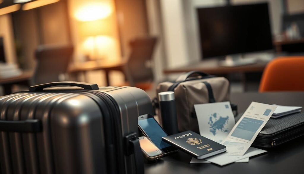 A meticulously organized office desk showcases an array of travel essentials - a sleek carry-on suitcase, a well-stocked toiletry kit, a smartphone displaying a travel app, and a passport with boarding passes peeking out. Soft, warm lighting illuminates the scene, creating a sense of efficiency and preparedness. The background features a blurred, modern office environment, emphasizing the professionalism of the packing setup. This cinematic, photorealistic image embodies the essence of "On-the-Go Hacks: Packing, Apps, and In-Flight Strategies" for the article "Travel Hacking: How to Fly Business Class for Cheap." A meticulously organized office desk showcases an array of travel essentials - a sleek carry-on suitcase, a well-stocked toiletry kit, a smartphone displaying a travel app, and a passport with boarding passes peeking out. Soft, warm lighting illuminates the scene, creating a sense of efficiency and preparedness. The background features a blurred, modern office environment, emphasizing the professionalism of the packing setup. This cinematic, photorealistic image embodies the essence of "On-the-Go Hacks: Packing, Apps, and In-Flight Strategies" for the article "Travel Hacking: How to Fly Business Class for Cheap."