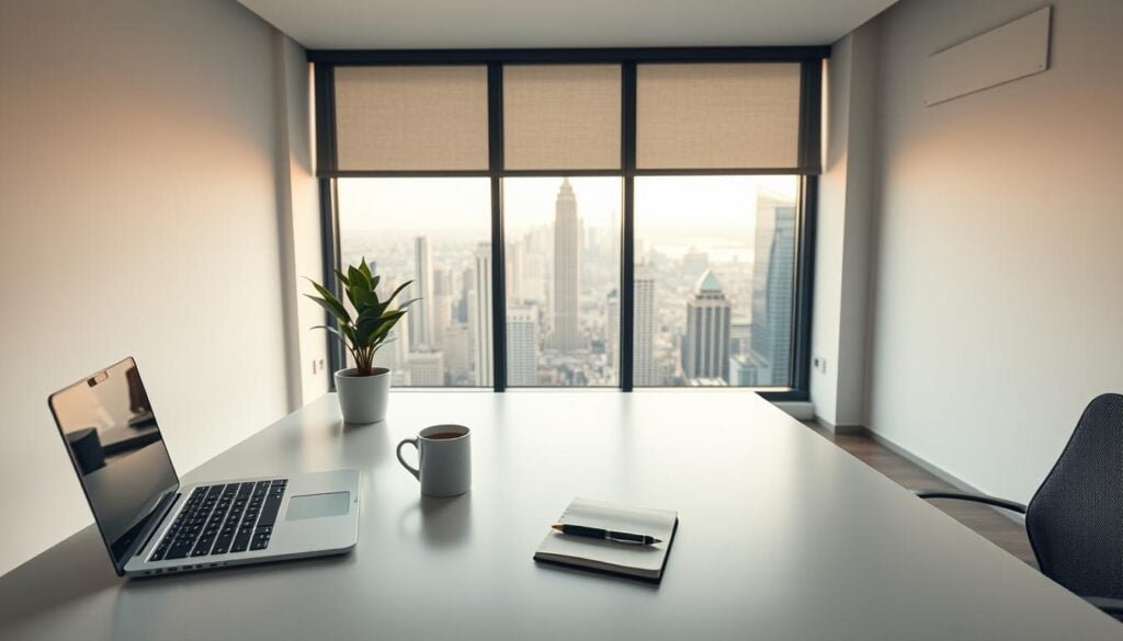 Cityscape view from office window.