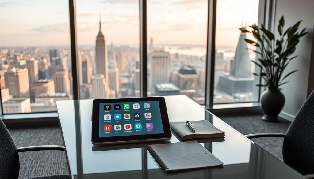 A minimalist but well-curated office setting, with a large window offering a panoramic view of a bustling cityscape. Soft, cinematic lighting illuminates a sleek, glass-topped desk, upon which a tablet and notebook rest, showcasing various meditation app icons and evaluation criteria. The scene exudes an atmosphere of professionalism, productivity, and thoughtful consideration, perfectly suited for a comparative review of popular meditation applications. A minimalist but well-curated office setting, with a large window offering a panoramic view of a bustling cityscape. Soft, cinematic lighting illuminates a sleek, glass-topped desk, upon which a tablet and notebook rest, showcasing various meditation app icons and evaluation criteria. The scene exudes an atmosphere of professionalism, productivity, and thoughtful consideration, perfectly suited for a comparative review of popular meditation applications.