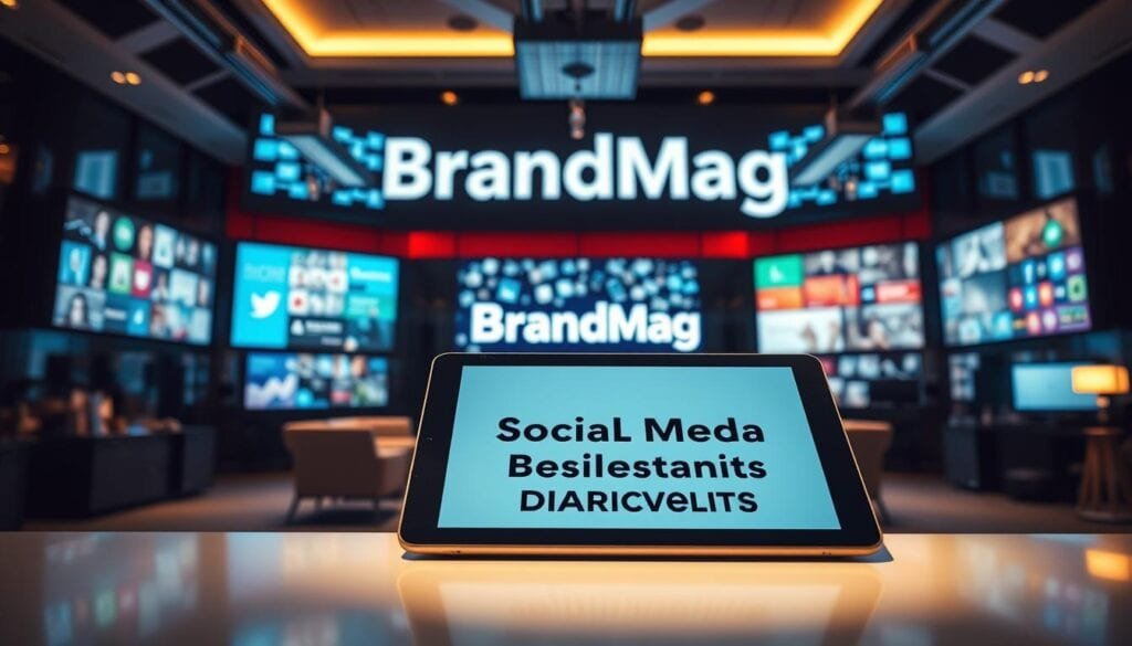 A modern and sleek office interior, filled with digital screens showcasing various social media platforms. The BrandMag logo prominently displayed, illuminated by cinematic lighting that casts dramatic shadows. In the foreground, a sophisticated tablet device prominently features the central focus of the image - the discovery of social media platforms. The middle ground is populated by stylish office furniture and decor, while the background blends seamless transitions between the physical and digital realms. The overall atmosphere is one of professional, cutting-edge digital marketing, capturing the essence of the "Leveraging Social Media Platforms for Discovery" section of the article.