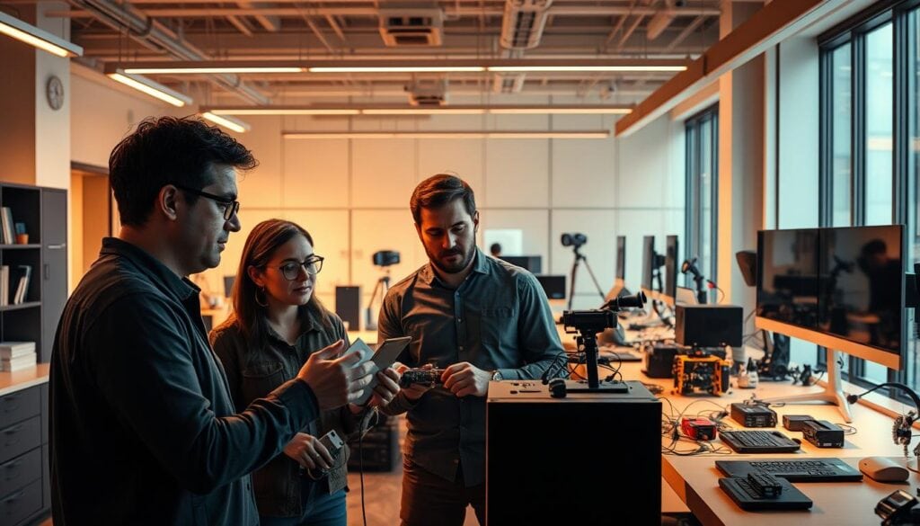 A modern and well-equipped office space, illuminated by cinematic lighting that casts warm tones and dramatic shadows. In the foreground, a group of individuals intently observing and testing a new product, carefully examining its features and functionality. The middle ground showcases an array of tools, equipment, and prototypes, hinting at the meticulous process of product validation. The background reveals a sleek, minimalist design, conveying a sense of professionalism and attention to detail. The overall scene exudes a mood of focused dedication, as the team collaborates to ensure the product meets the needs of the market. Photorealistic, 8K resolution. A modern and well-equipped office space, illuminated by cinematic lighting that casts warm tones and dramatic shadows. In the foreground, a group of individuals intently observing and testing a new product, carefully examining its features and functionality. The middle ground showcases an array of tools, equipment, and prototypes, hinting at the meticulous process of product validation. The background reveals a sleek, minimalist design, conveying a sense of professionalism and attention to detail. The overall scene exudes a mood of focused dedication, as the team collaborates to ensure the product meets the needs of the market. Photorealistic, 8K resolution.
