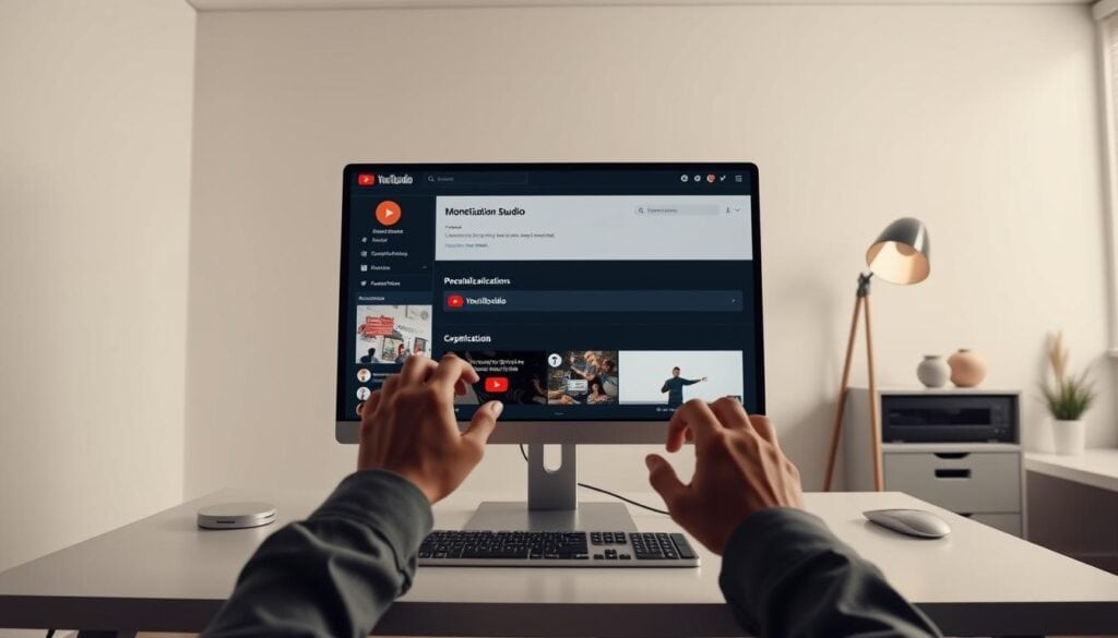 A modern and well-lit office space, with a cinematic atmosphere and a sleek, professional appearance. In the center of the frame, a computer monitor displays the YouTube Studio interface, showcasing the monetization activation options. The user's hands are visible, interacting with the on-screen controls, as they navigate through the process. The desk is neatly organized, with a stylish lamp and a few minimal decorative elements. The background is a clean, minimalist environment, with subtle textures and neutral tones that complement the overall aesthetic. The lighting is soft and directional, creating depth and emphasizing the key elements of the scene. The entire image has a high level of detail and a photorealistic quality, captured in 8K resolution. A modern and well-lit office space, with a cinematic atmosphere and a sleek, professional appearance. In the center of the frame, a computer monitor displays the YouTube Studio interface, showcasing the monetization activation options. The user's hands are visible, interacting with the on-screen controls, as they navigate through the process. The desk is neatly organized, with a stylish lamp and a few minimal decorative elements. The background is a clean, minimalist environment, with subtle textures and neutral tones that complement the overall aesthetic. The lighting is soft and directional, creating depth and emphasizing the key elements of the scene. The entire image has a high level of detail and a photorealistic quality, captured in 8K resolution.