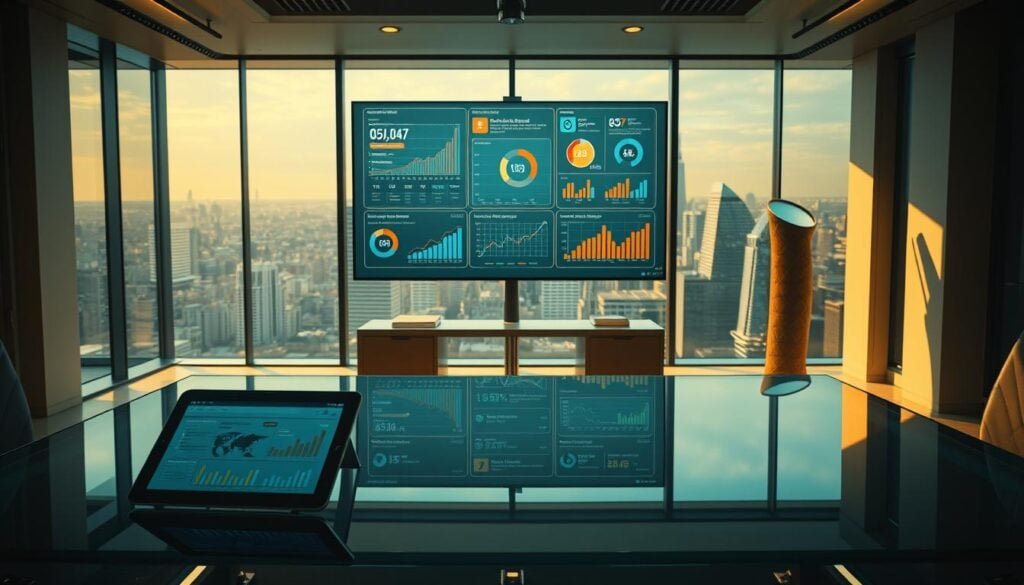 A modern, cinematic office space bathed in dramatic lighting. In the foreground, a sleek, glass-topped desk displays a tablet and digital analytics, visualizing the impact of BrandMag's immersive brand storytelling. In the middle ground, a large, high-resolution monitor showcases various metrics and data visualizations, demonstrating the reach and engagement of their captivating narratives. The background features a panoramic view of a bustling city skyline, underscoring the global scale of BrandMag's storytelling influence. Photorealistic, 8k resolution.