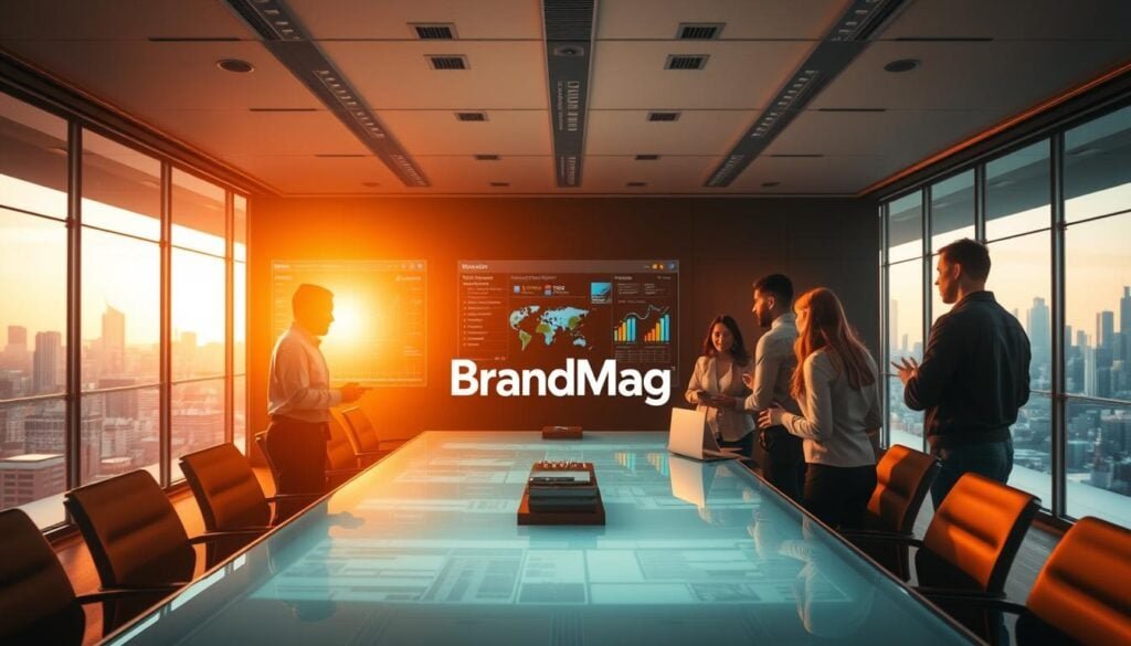 A modern, cinematic office space filled with the energy of collaborative agile marketing. In the foreground, a team of professionals huddled around a sleek, glass conference table, engaged in a lively discussion. Overhead, warm, directional lighting casts dramatic shadows, creating a sense of intensity and focus. The middle ground features a large, digital dashboard displaying key metrics and real-time data, reflecting the data-driven nature of customer-centric agile marketing. In the background, floor-to-ceiling windows offer a panoramic view of a bustling city skyline, symbolizing the fast-paced, adaptable nature of this approach. The BrandMag logo is prominently displayed, adding an air of authority and professionalism to the scene.
