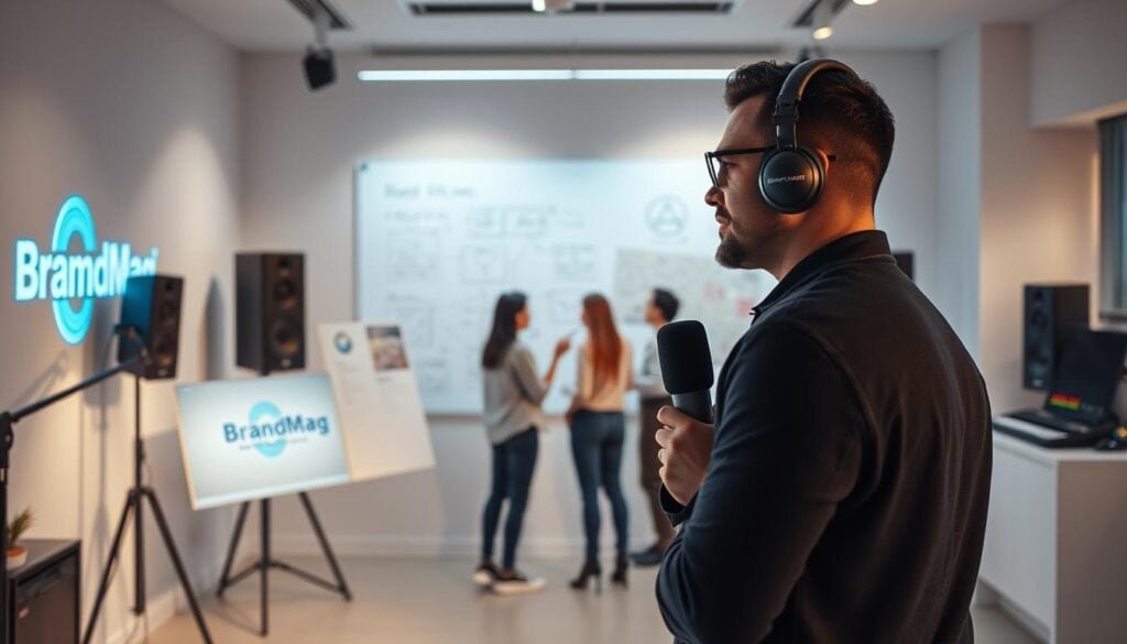 A modern, cinematic scene depicting innovative podcast advertising tactics. In the foreground, a professional podcaster stands in a sleek, well-lit office, holding a high-quality microphone. Behind them, the walls display the "BrandMag" logo, reflecting the premium nature of the podcast's advertising opportunities. In the middle ground, a team of creatives brainstorms on a large digital whiteboard, showcasing their ideas for engaging podcast ads. The background features cutting-edge audio equipment and a minimalist, yet sophisticated decor, creating an atmosphere of innovation and professionalism. Soft, directional lighting and a cinematic camera angle enhance the overall mood, conveying the value and impact of podcast advertising in 2025.
