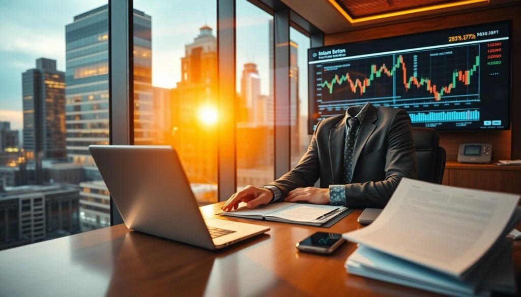 A modern, glass-walled office overlooking a bustling financial district. A polished wooden desk with a sleek laptop, smartphone, and neatly organized documents. The warm, golden lighting casts a sophisticated glow, highlighting the intricate details of the professional setting. In the background, a large screen displays charts and graphs, conveying the current market conditions. The atmosphere exudes a sense of focus, analysis, and strategic planning, as the subject prepares for a significant financial decision.