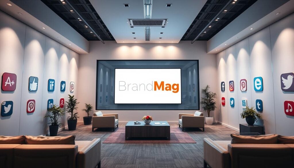 A modern, high-tech office with sleek, minimalist design. The walls are adorned with the logos of prominent social media platforms, each representing a different avenue for user-generated content (UGC) to thrive. Soft, cinematic lighting casts a warm glow, highlighting the clean lines and high-end furnishings. In the center, a large screen displays the BrandMag logo, showcasing the power of UGC in the digital age. The atmosphere is one of innovation, opportunity, and the seamless integration of social media into the future of marketing. A modern, high-tech office with sleek, minimalist design. The walls are adorned with the logos of prominent social media platforms, each representing a different avenue for user-generated content (UGC) to thrive. Soft, cinematic lighting casts a warm glow, highlighting the clean lines and high-end furnishings. In the center, a large screen displays the BrandMag logo, showcasing the power of UGC in the digital age. The atmosphere is one of innovation, opportunity, and the seamless integration of social media into the future of marketing.