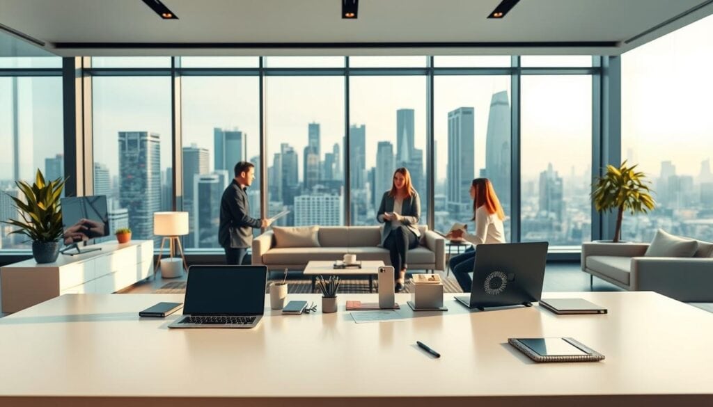 A modern, minimalist office interior with a large panoramic window overlooking a bustling city skyline. In the foreground, a clean white desk features an array of digital devices and office supplies, subtly hinting at social media marketing strategies. Soft, cinematic lighting illuminates the scene, casting warm shadows and highlights that lend a sense of professionalism and sophistication. The middle ground showcases a team of creative professionals collaborating on a presentation, their faces animated with ideas and enthusiasm. In the background, sleek, modern furniture and decor create a polished, aspirational atmosphere conducive to innovative digital marketing. A modern, minimalist office interior with a large panoramic window overlooking a bustling city skyline. In the foreground, a clean white desk features an array of digital devices and office supplies, subtly hinting at social media marketing strategies. Soft, cinematic lighting illuminates the scene, casting warm shadows and highlights that lend a sense of professionalism and sophistication. The middle ground showcases a team of creative professionals collaborating on a presentation, their faces animated with ideas and enthusiasm. In the background, sleek, modern furniture and decor create a polished, aspirational atmosphere conducive to innovative digital marketing.