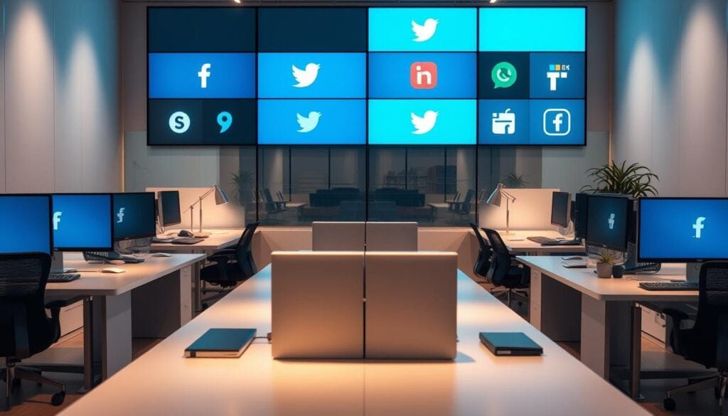 A modern, minimalist office setting with sleek, functional workstations and digital screens displaying various social media platform logos. Soft, cinematic lighting illuminates the scene, creating a professional and focused atmosphere. The arrangement of the workstations and digital displays conveys a sense of strategic planning and collaboration around social media marketing. The overall composition and attention to detail suggest a photorealistic, high-quality image suitable for an article on copywriting for social media.