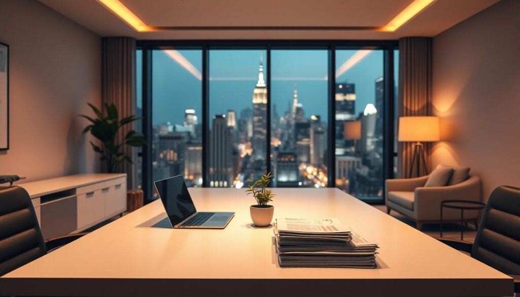 A modern, minimalist office setting with sleek furniture and clean lines. Warm, cinematic lighting illuminates a stylish desk, showcasing a laptop, a small potted plant, and a neatly stacked pile of financial documents. In the background, a large window offers a panoramic view of a bustling city skyline, symbolizing the financial benefits of a minimalist lifestyle. The scene conveys a sense of efficiency, focus, and a clear mind, ready to tackle the challenges of a thriving career. A modern, minimalist office setting with sleek furniture and clean lines. Warm, cinematic lighting illuminates a stylish desk, showcasing a laptop, a small potted plant, and a neatly stacked pile of financial documents. In the background, a large window offers a panoramic view of a bustling city skyline, symbolizing the financial benefits of a minimalist lifestyle. The scene conveys a sense of efficiency, focus, and a clear mind, ready to tackle the challenges of a thriving career.