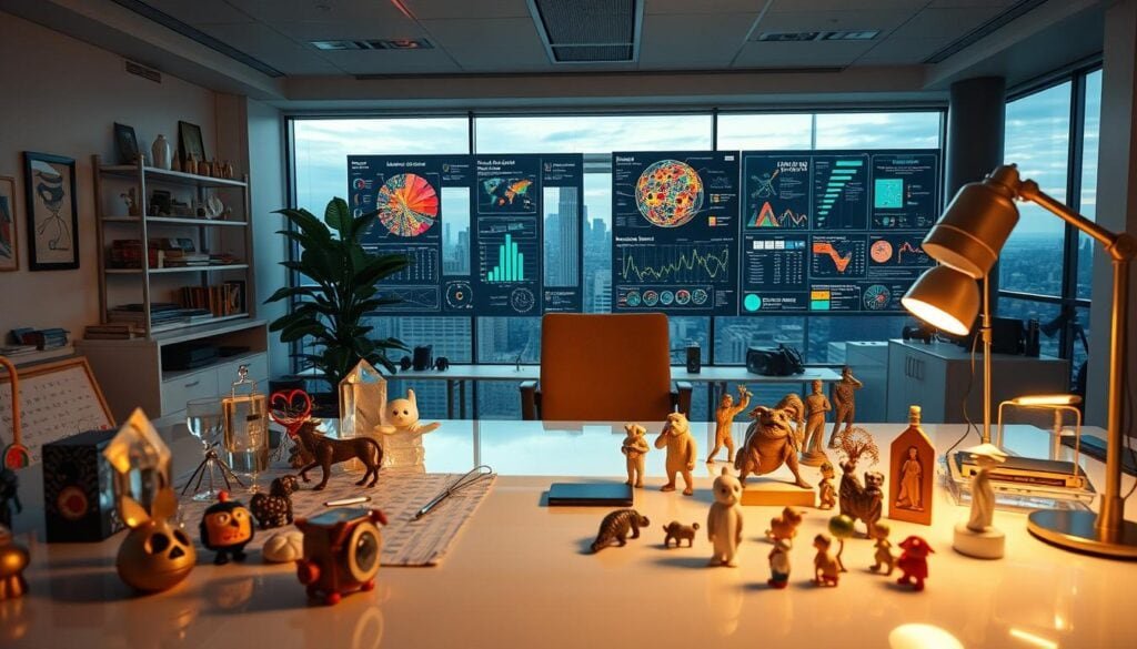A modern, minimalist office space filled with intricate, niche trends and oddities. Soft, cinematic lighting casts a warm glow over the scene, highlighting a sleek, glass-topped desk adorned with quirky knick-knacks and cutting-edge tech. In the foreground, an array of peculiar trinkets, from holographic crystals to 3D-printed figurines, create a sense of discovery and exploration. The middle ground features a large, interactive display wall showcasing vibrant, data-driven trend visualizations. The background reveals a panoramic city skyline, hinting at the global scale and influence of these niche cultural phenomena. An 8K, photorealistic depiction of the future of trend analysis.