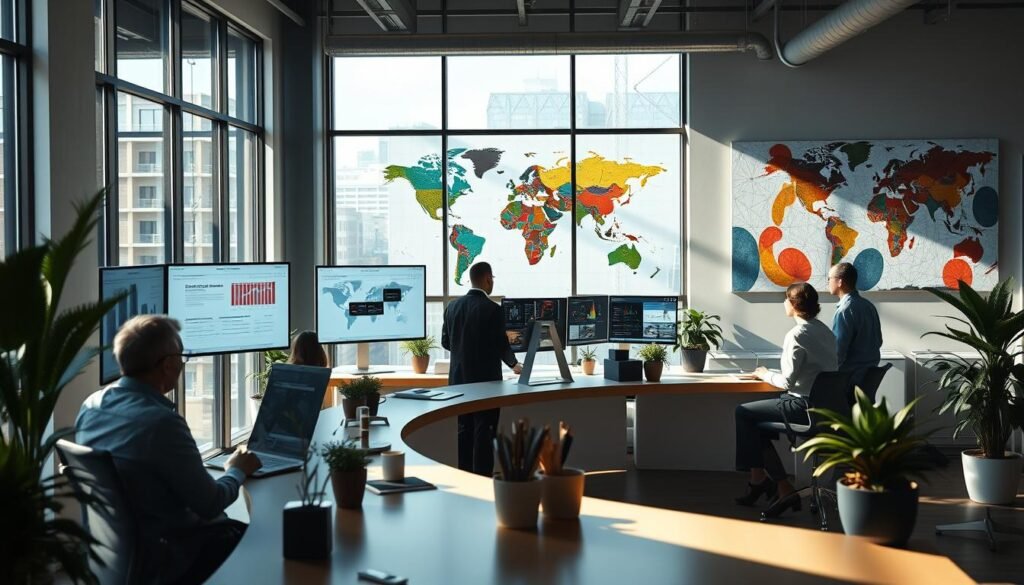 A modern, minimalist office space filled with natural light streaming through large windows. In the foreground, a team of professionals collaborating on a social media marketing strategy, their screens displaying analytics, campaign ideas, and content calendars. The middle ground showcases a sleek, curved desk adorned with potted plants and various tech accessories. In the background, a vibrant world map and abstract wall art create a dynamic, inspirational atmosphere. The lighting is cinematic, with soft shadows and highlights accentuating the scene's professionalism and attention to detail. Photorealistic quality, 8K resolution. A modern, minimalist office space filled with natural light streaming through large windows. In the foreground, a team of professionals collaborating on a social media marketing strategy, their screens displaying analytics, campaign ideas, and content calendars. The middle ground showcases a sleek, curved desk adorned with potted plants and various tech accessories. In the background, a vibrant world map and abstract wall art create a dynamic, inspirational atmosphere. The lighting is cinematic, with soft shadows and highlights accentuating the scene's professionalism and attention to detail. Photorealistic quality, 8K resolution.